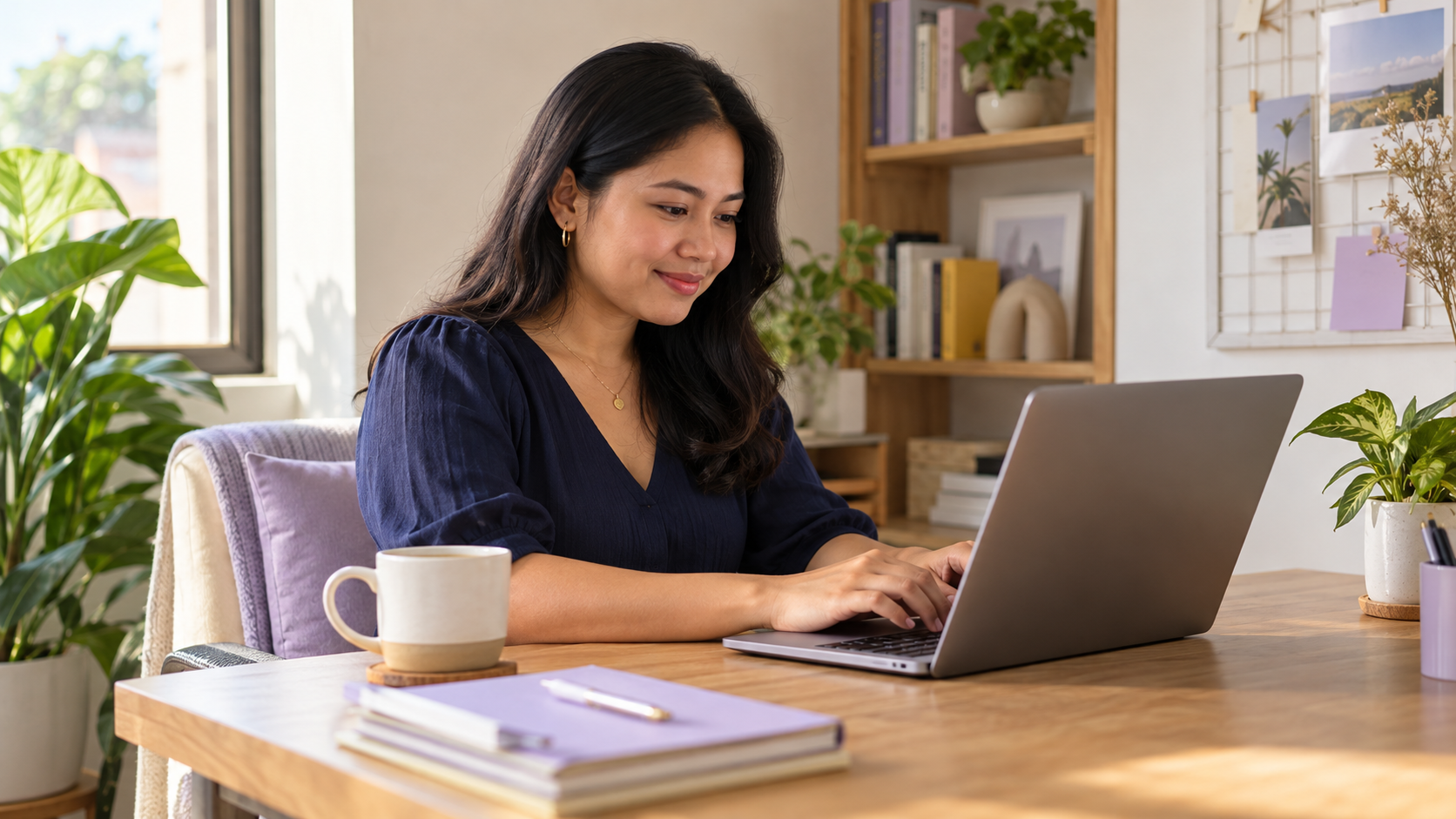 AI-generated photo-style image of a Filipino professional working on a laptop at home